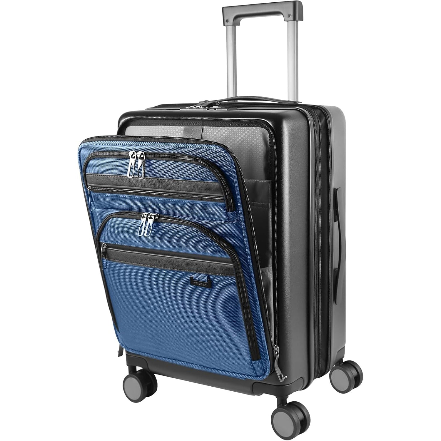 Carry-on luggage with front organizer pocket and navy blue panel, upright handle and spinner wheels