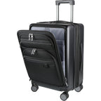 Black carry-on luggage with front pocket organizer panel and telescoping handle
