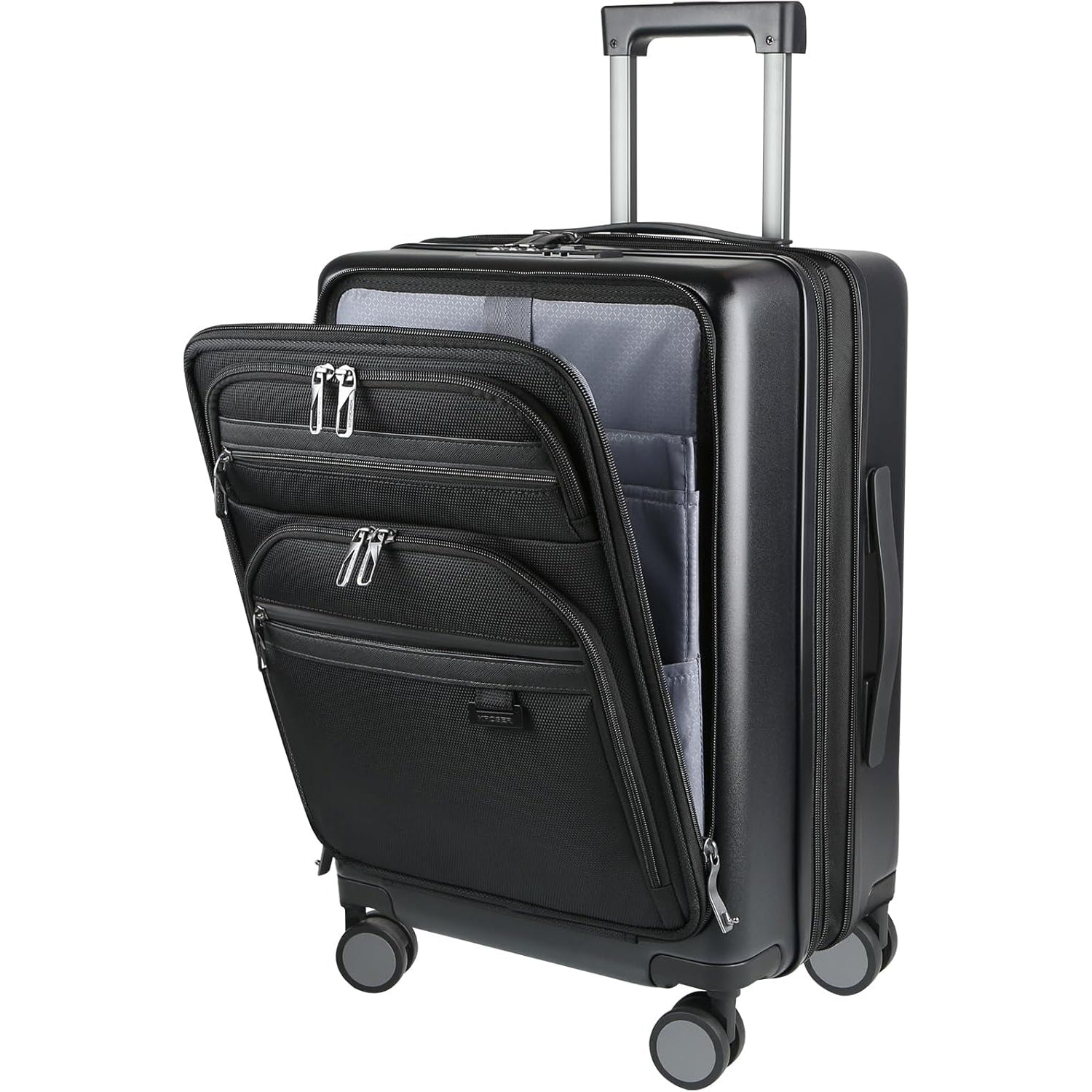 Carry-on luggage with front organizer pocket and side pocket, black finish and upright handle