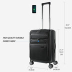 Black carry-on luggage with telescoping handle, front organizer, and four spinner wheels