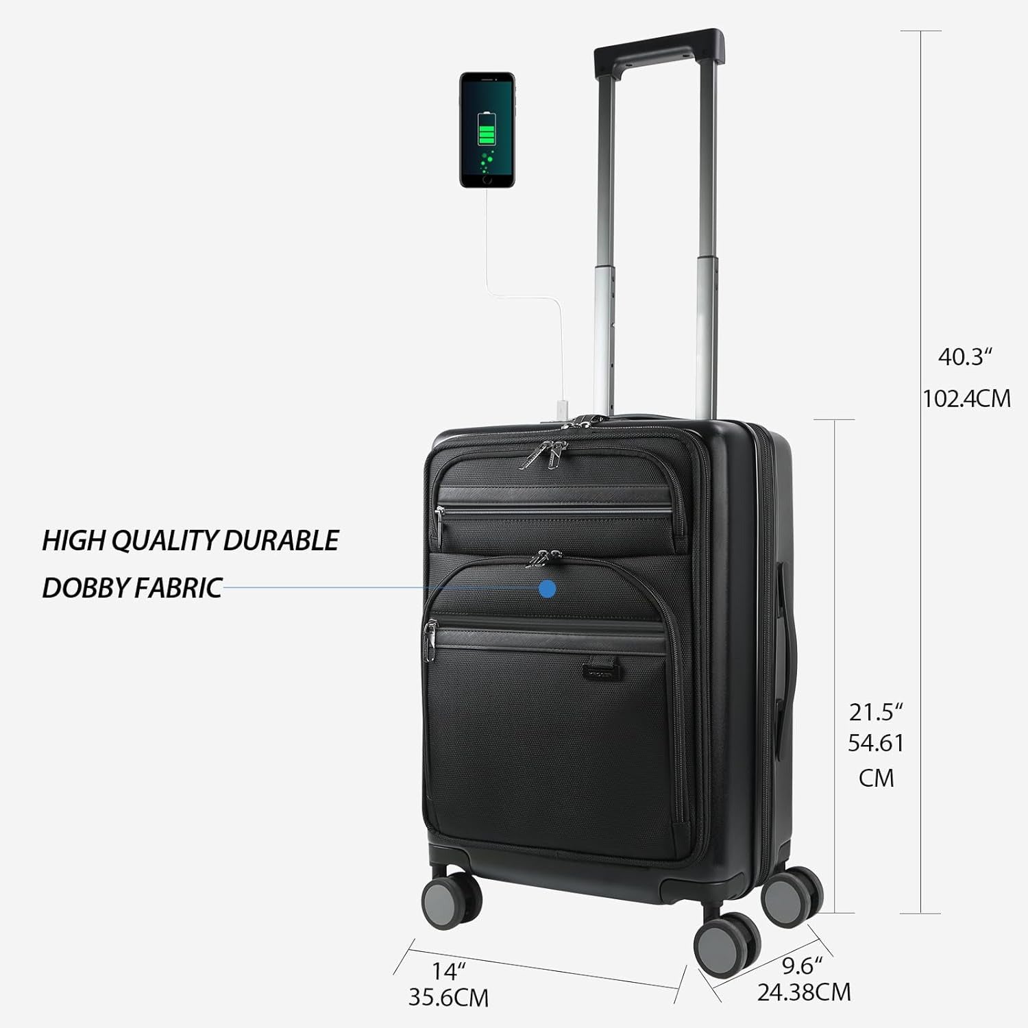 Front view of carry-on luggage with large front organizer pocket, spinner wheels, and top handle