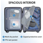 Carry-on luggage interior with mesh dry pocket, TPU wet pocket, and zipped protective cover