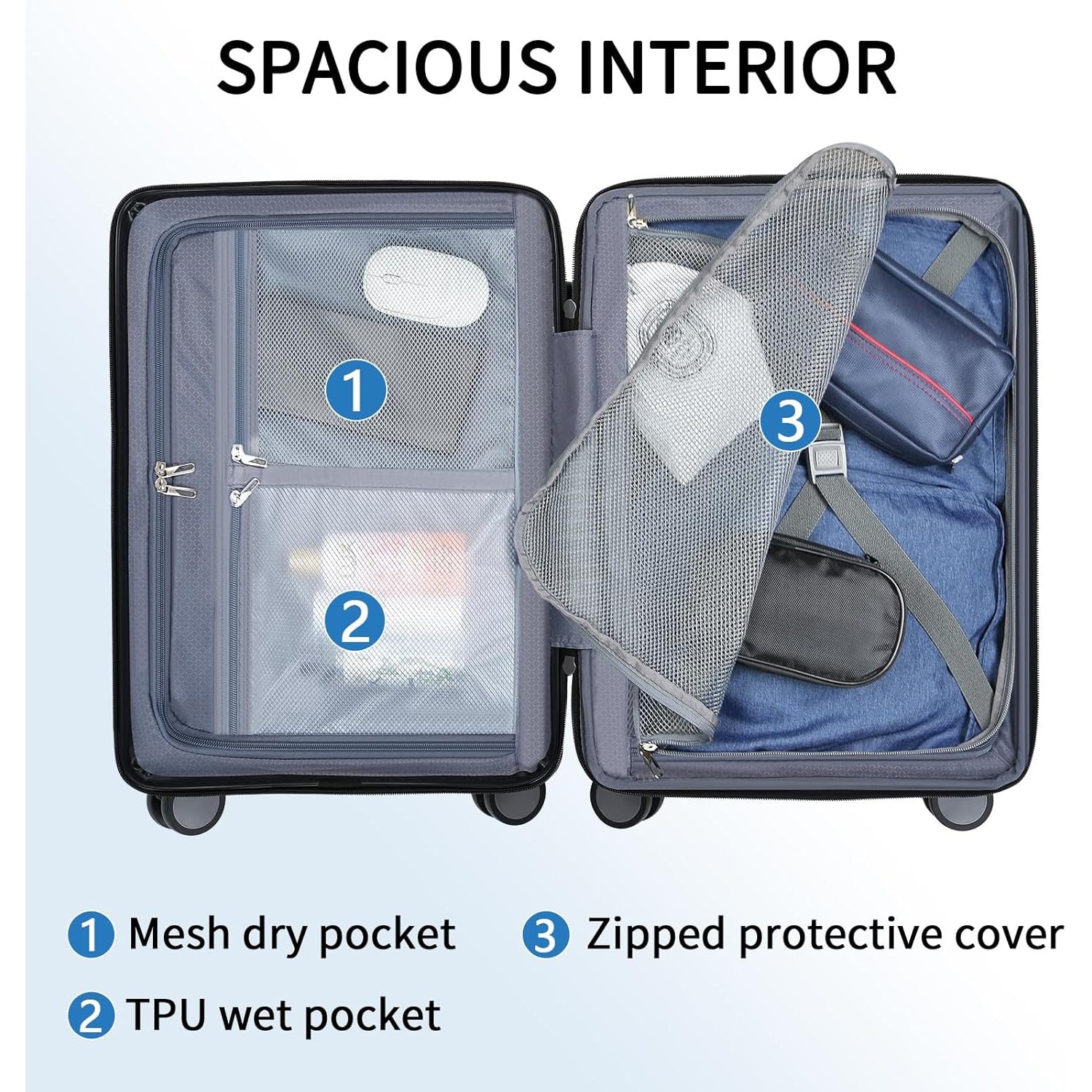 Carry-on luggage open interior with mesh dry pocket and TPU wet pocket, plus protective cover