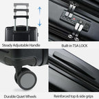 Carry-on luggage close-up: handle, TSA lock, quiet wheels, and reinforced top grips