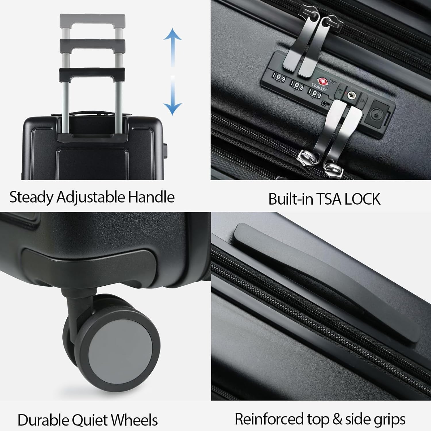 Carry-on luggage detail: adjustable handle, built-in TSA lock, and quiet spinner wheels