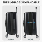 Expandable carry-on luggage shell with side zipper panels and four spinner wheels