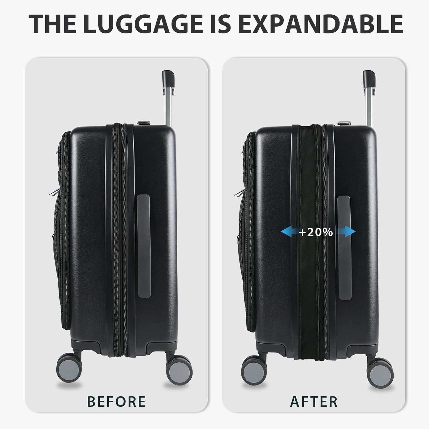 Expandable carry-on luggage with front panel and vertical handle, shown before and after