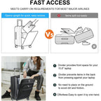 Carry-on luggage with front pocket divider, shown in packed laptop-access infographic