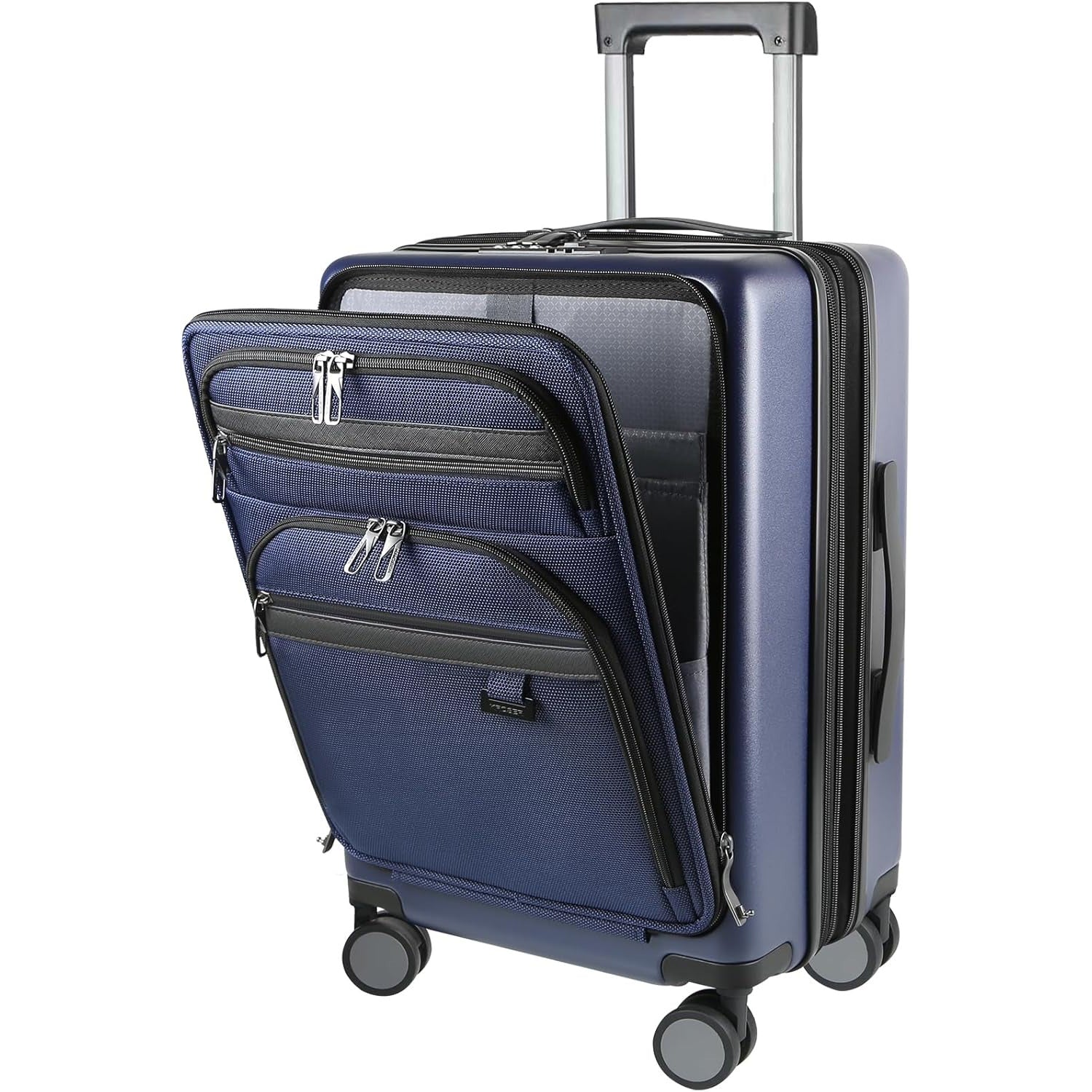 Carry-on luggage with front organizer pocket and side compartments, navy blue finish