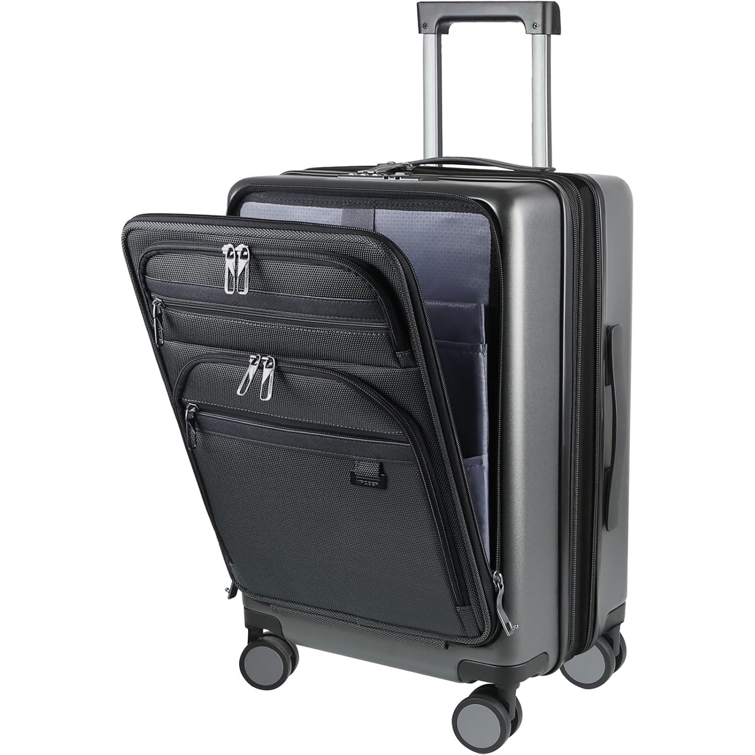Carry-on luggage with front organizer pocket and multiple zippers, dark green/gray finish