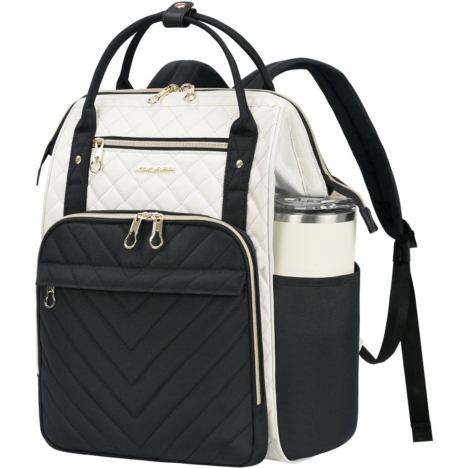 KROSER 17" Quilted Laptop Backpack – Black & Ivory