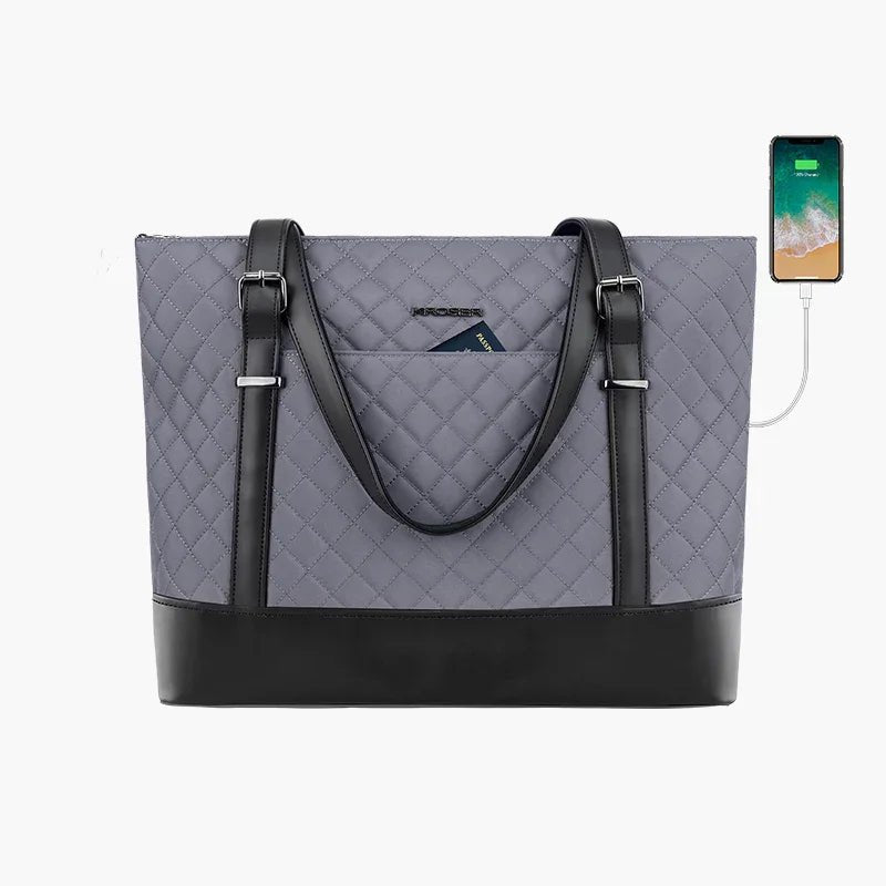 KROSER 15.6" Quilted Laptop Tote Bag with USB Port - KROSER