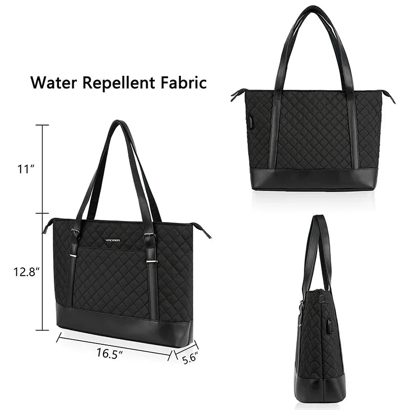 KROSER 15.6" Quilted Laptop Tote Bag with USB Port - KROSER