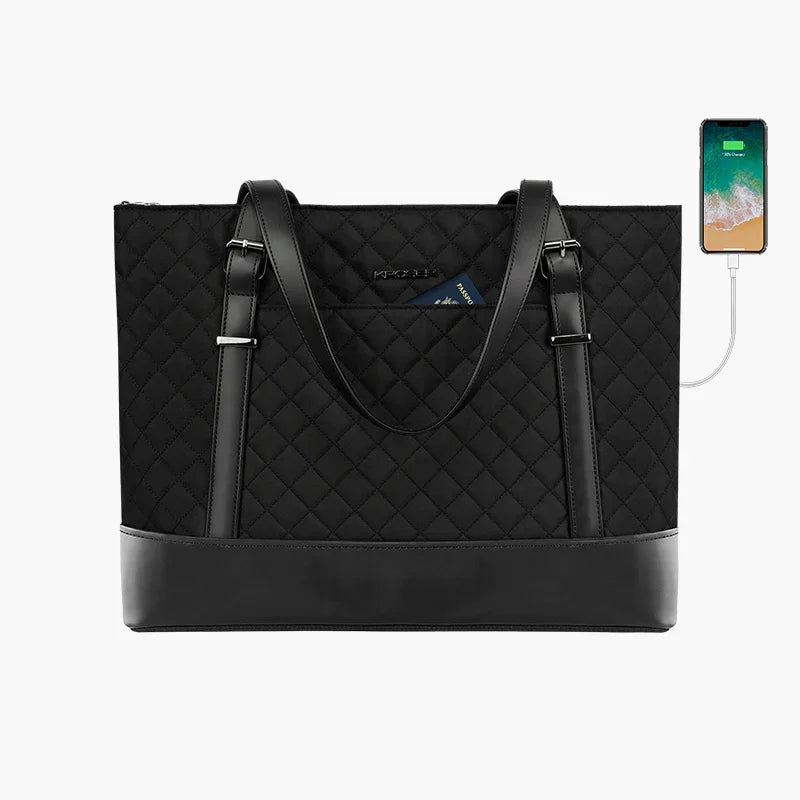 KROSER-KROSER 15.6" Quilted Laptop Tote Bag with USB Port-1