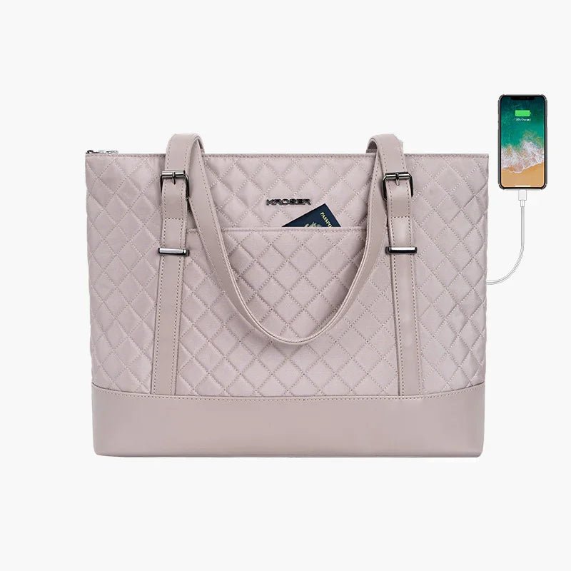 KROSER 15.6" Quilted Laptop Tote Bag with USB Port - KROSER