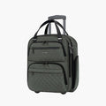 Dark green underseat carry-on suitcase with quilted front panel, zippers, and handles