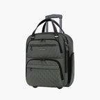 Dark green underseat carry-on suitcase with quilted front panel, zippers, and handles