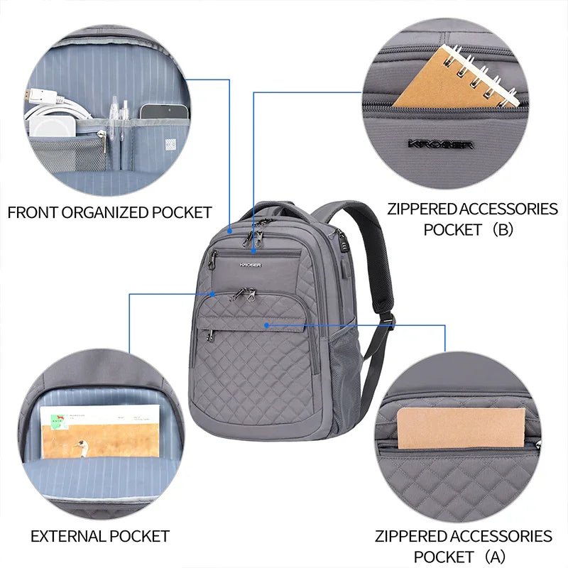 KROSER 17 Inch Quilted RFID Laptop Backpack with USBXYK939DG-HF-USDARK GREYUSA