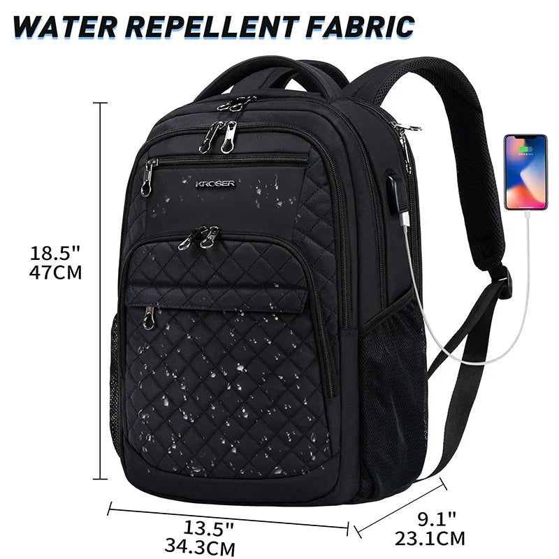 KROSER 17" Quilted Laptop Backpack with USB & RFID - KROSER