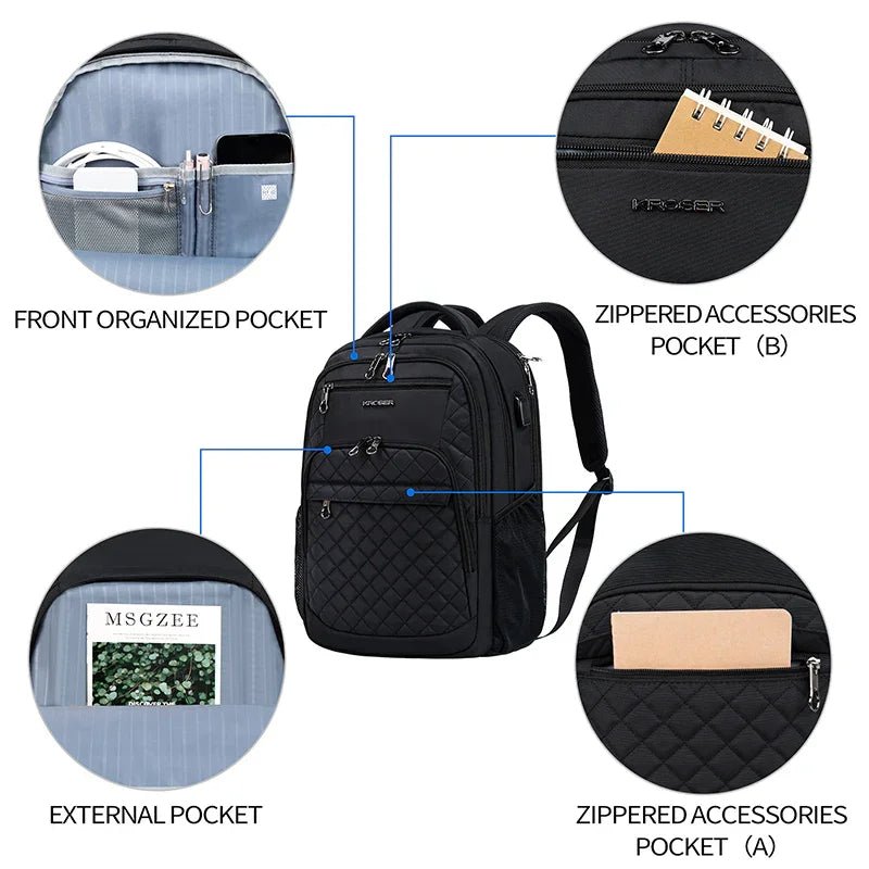 KROSER 17" Quilted Laptop Backpack with USB & RFID - KROSER