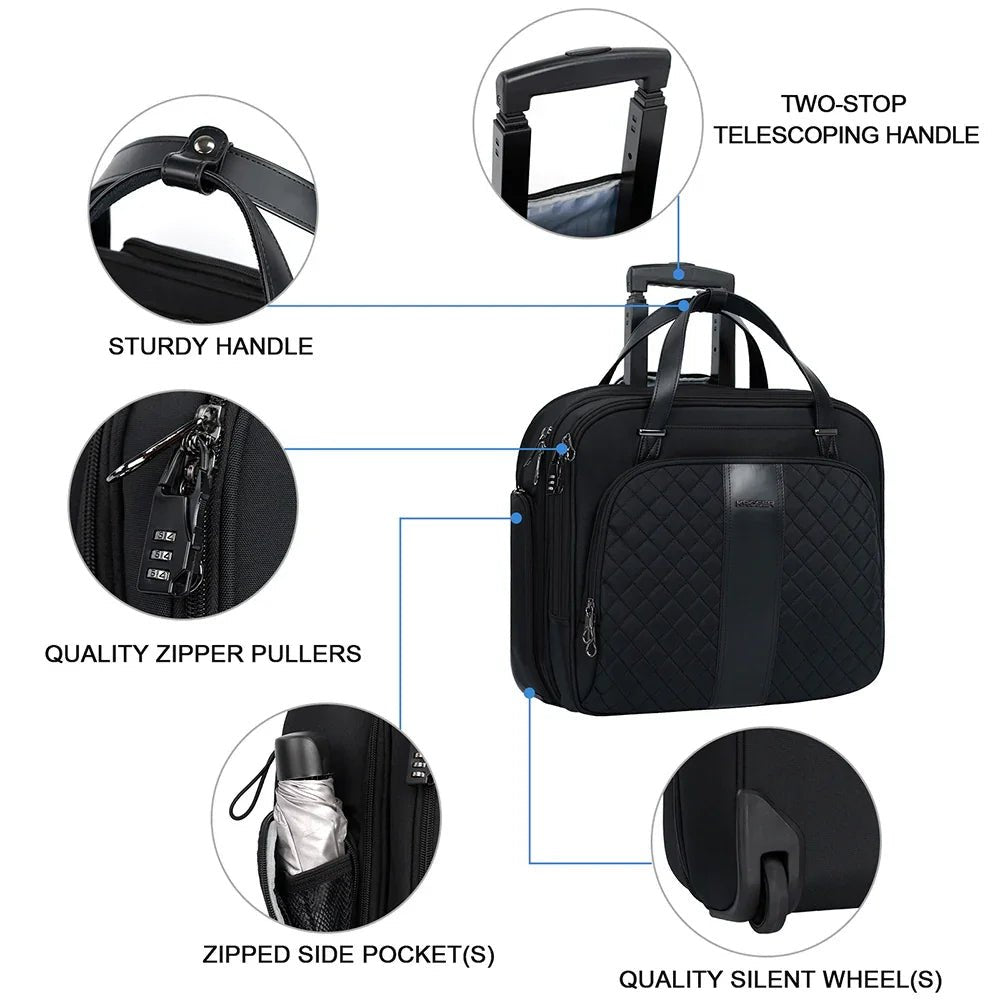 KROSER-KROSER 17.3" Quilted Rolling Laptop Bag-4