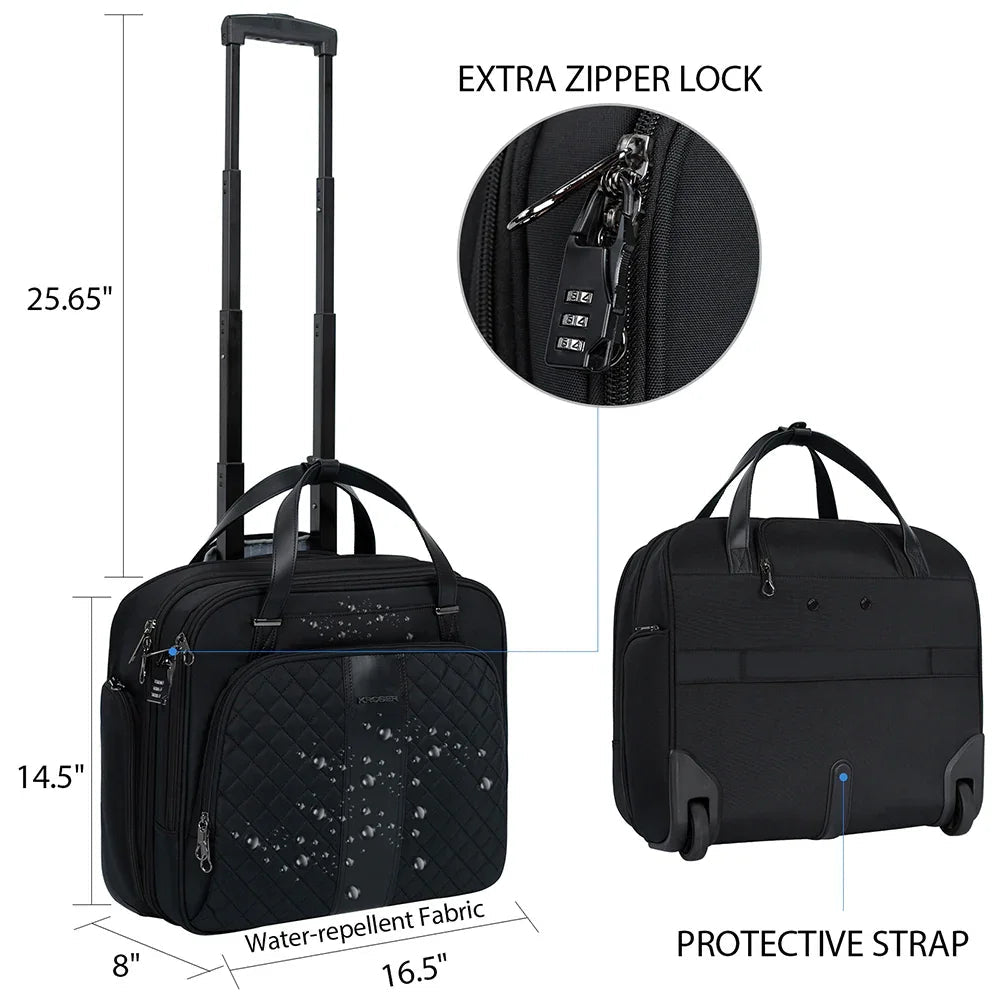 KROSER-KROSER 17.3" Quilted Rolling Laptop Bag-3