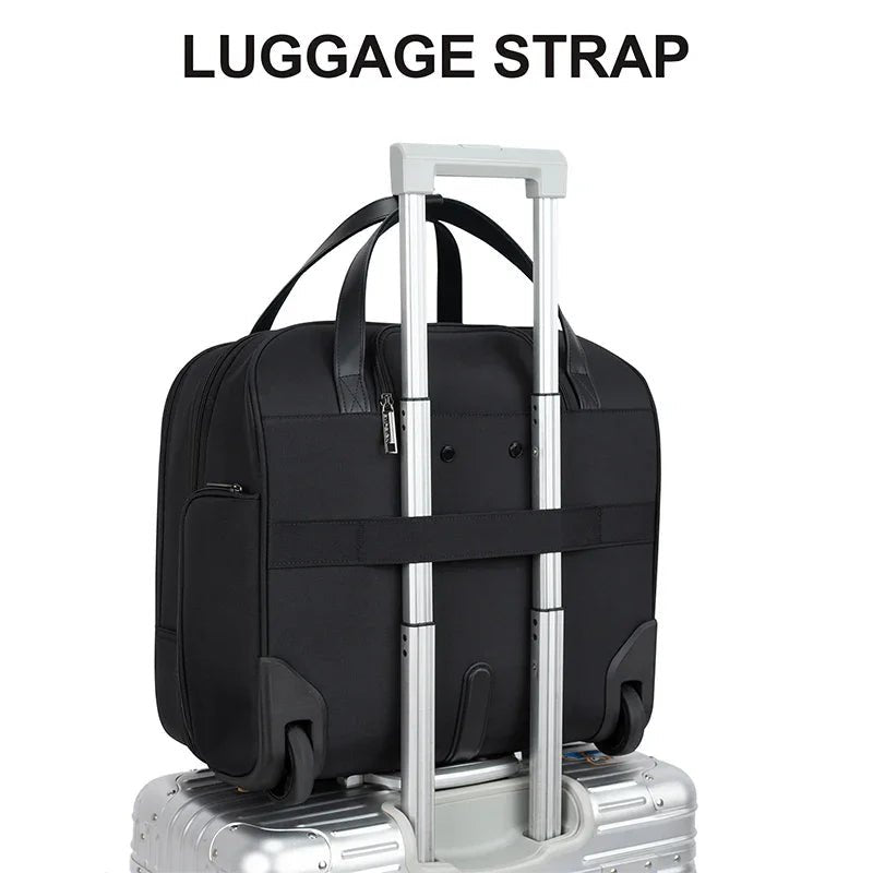 Quilted black rolling laptop briefcase with luggage strap secured to the telescoping handle