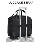 Quilted black rolling laptop briefcase with luggage strap secured to the telescoping handle
