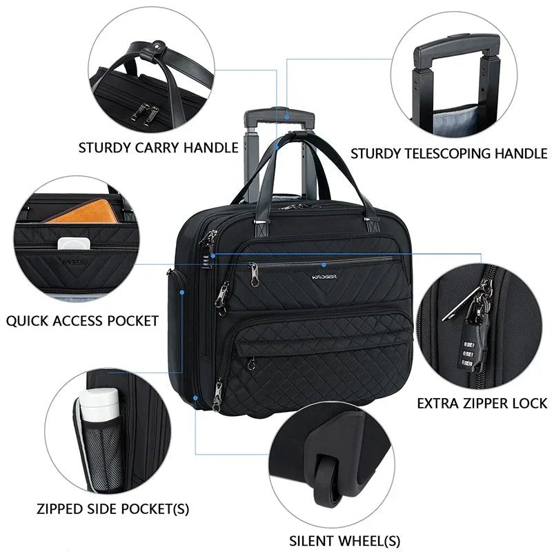 Quilted black rolling laptop briefcase with silent wheels, side zip pockets, and extra zipper lock