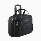 Quilted black rolling laptop briefcase with telescoping handle and front zip pockets