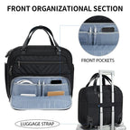 Quilted black rolling laptop briefcase with front organizational pockets and luggage strap