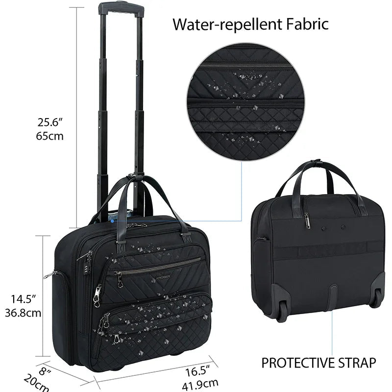 Quilted black rolling laptop briefcase with protective strap, wheels, and water-repellent fabric