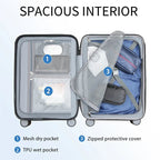 Orange carry-on luggage interior with mesh pocket and zipped protective cover