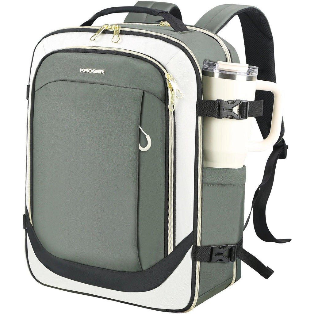 Laptop backpack with olive front panel, white side panels, and gold-tone zipper details