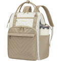 Quilted laptop backpack with beige and ivory panels, top handle and front zip pocket