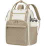 Quilted laptop backpack with beige and ivory panels, top handle and front zip pocket