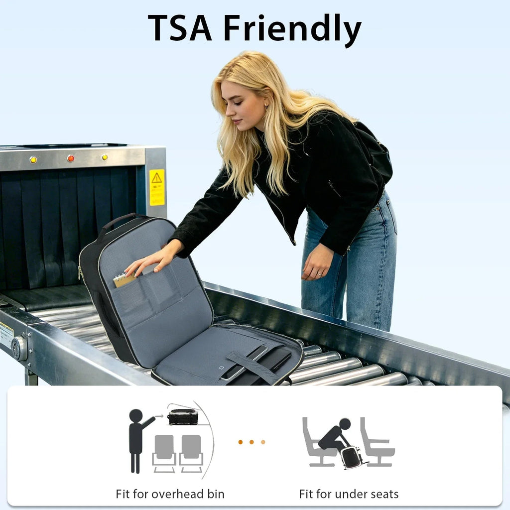 Black and white laptop backpack with front panel visible on a security conveyor