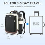 Black and white travel laptop backpack with top handle and front zip pockets, side straps