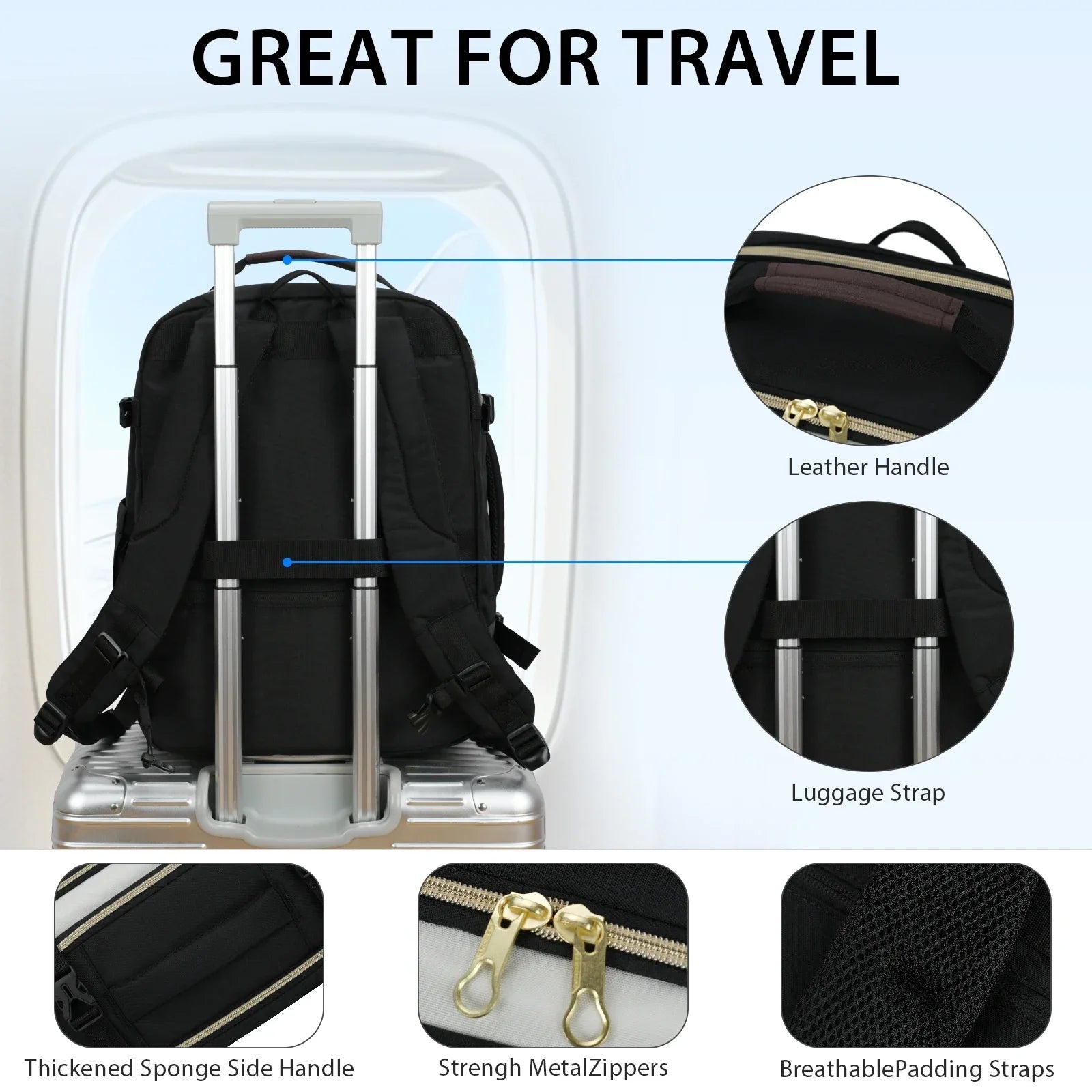 Black and white laptop backpack with trolley handle and luggage strap, rear panel visible