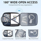 Open black laptop backpack with wide compartments and separate pockets, interior organizer view