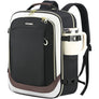 Black and white laptop backpack with front pocket, gold zipper pulls, and shoulder straps