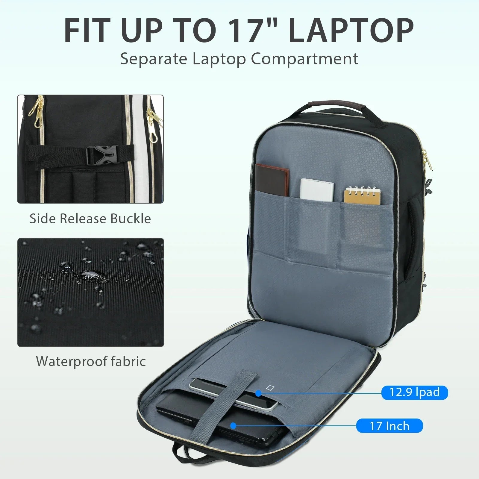 Black laptop backpack with separate padded laptop compartment and side release buckle