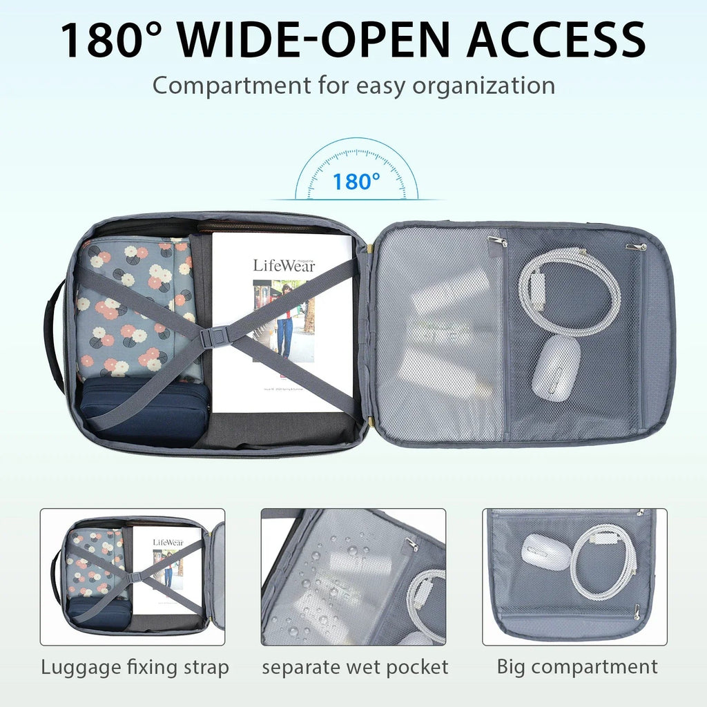 Laptop backpack opened wide, showing inner mesh pocket and organizer compartments