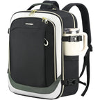 Black and white commuter laptop backpack with front zip pocket and top handle