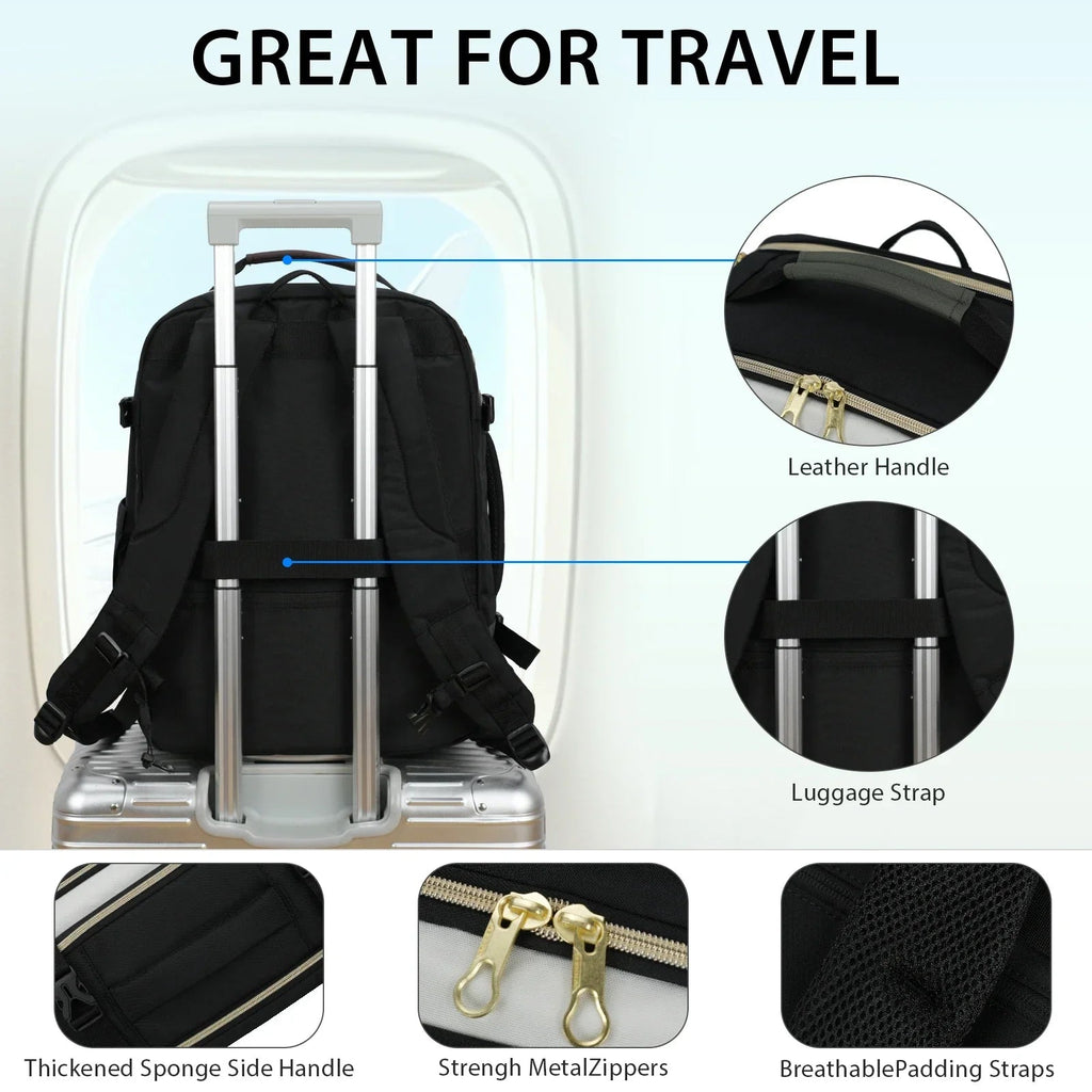 Black laptop backpack with extendable luggage handle and padded shoulder straps