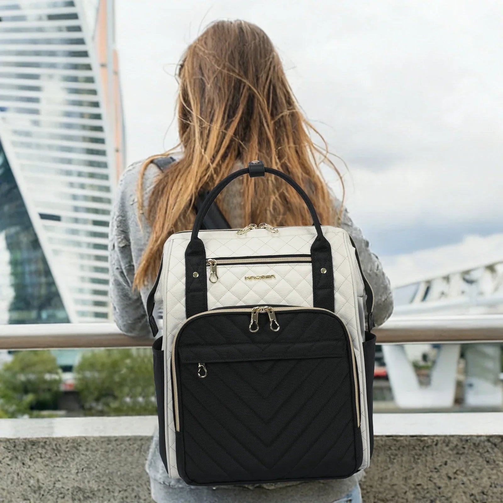KROSER Black & Ivory 17" Quilted Laptop Backpack - KROSER