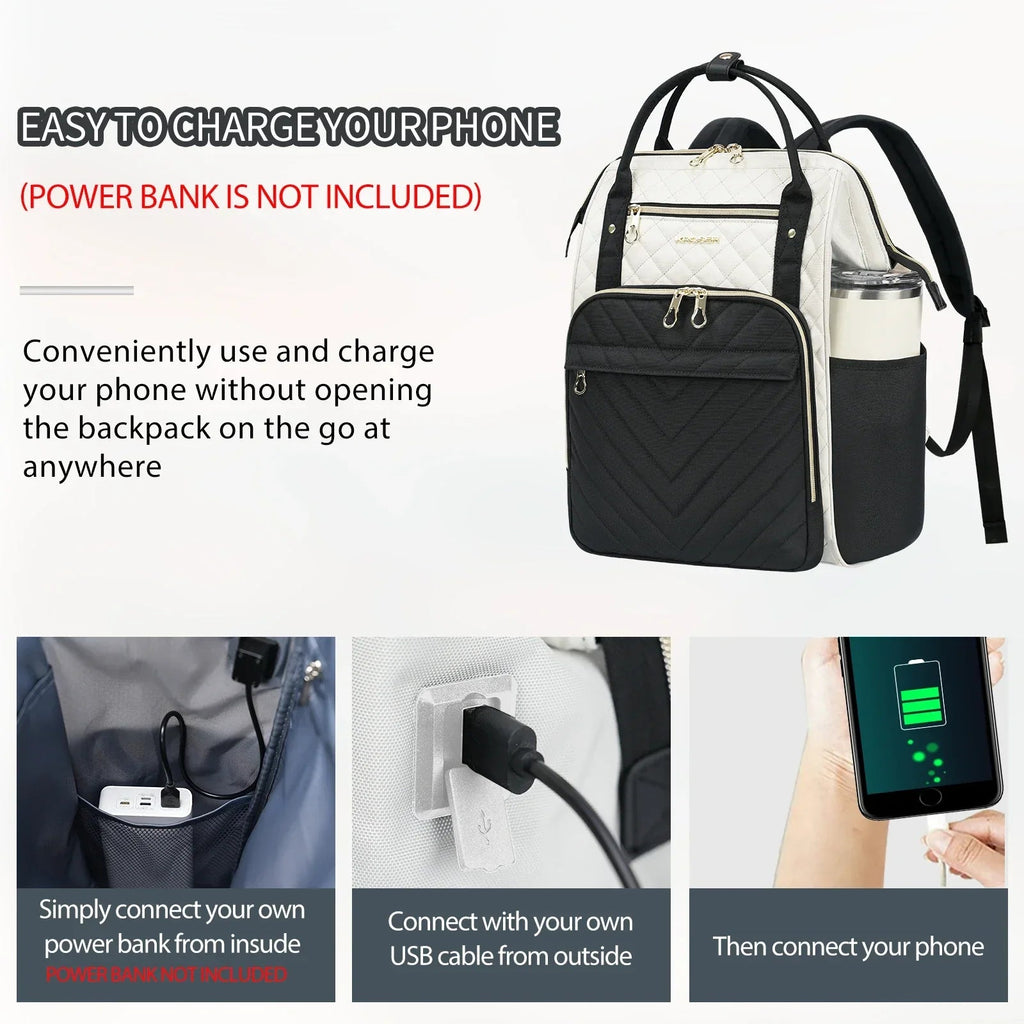Black and ivory quilted laptop backpack with front pocket and side pass-through cable access