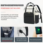 Black and ivory quilted laptop backpack with front pocket and side pass-through cable access
