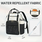 Black and ivory quilted laptop backpack with top handle, front pocket, and adjustable straps