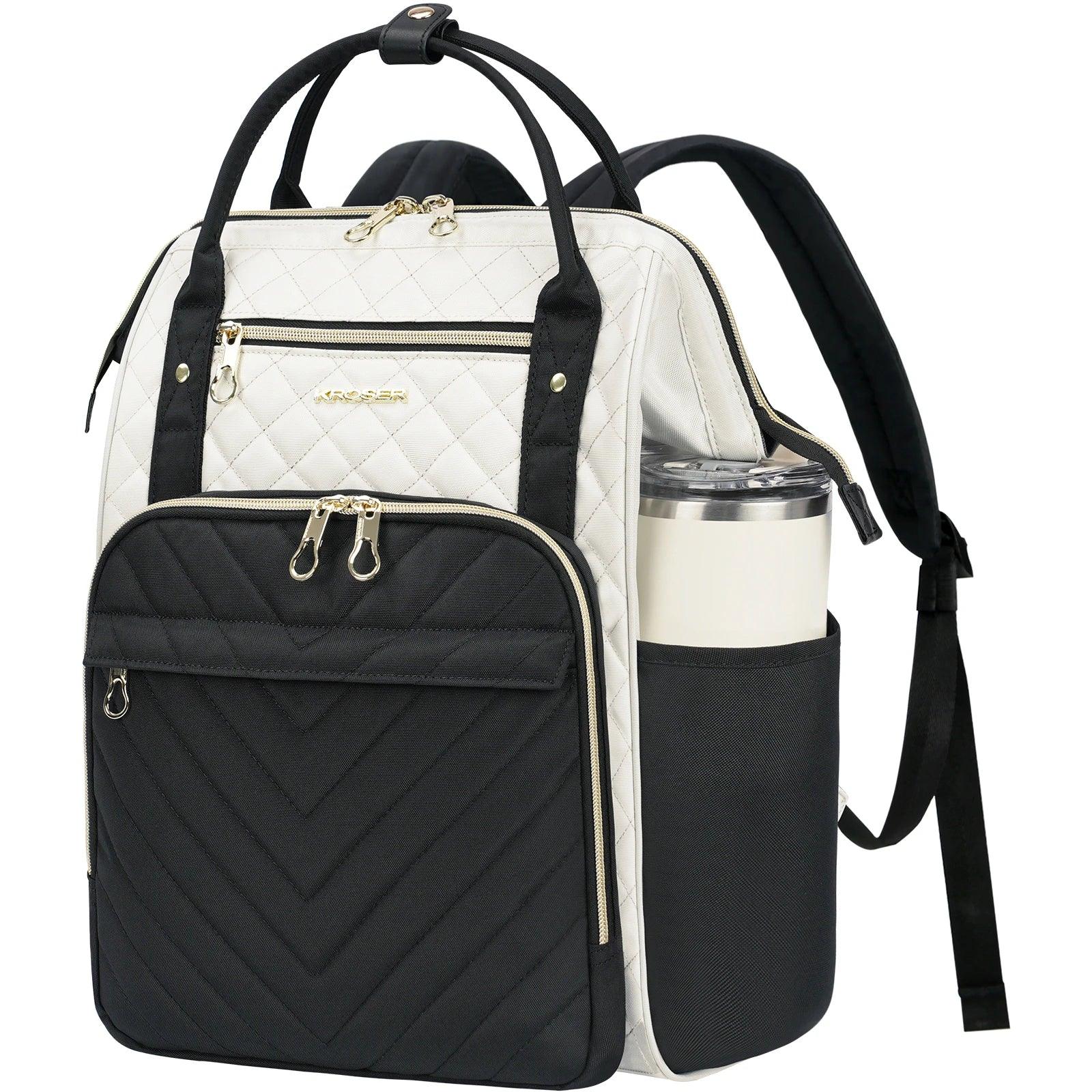 KROSER Black & Ivory 17 Inch Quilted Laptop Backpack CA